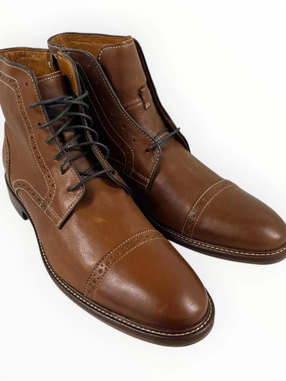 Johnston & Murphy Warner Cap Toe Zip Boots 10M Dark Tan Full Grain Leather NIB